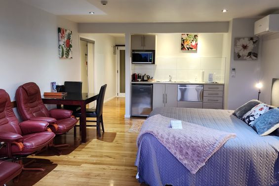 Room #1 bed and kitchenette